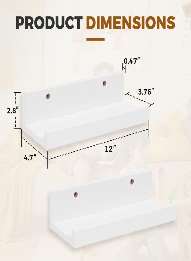 Muzilife 12" Small Floating Wall Ledge Shelves with Lip - Set of 2 Wood Floating Shelves - White Wall Mounted Picture Ledge for Office, Bathroom, Bedroom, Living Room, Kitchen - Image 2